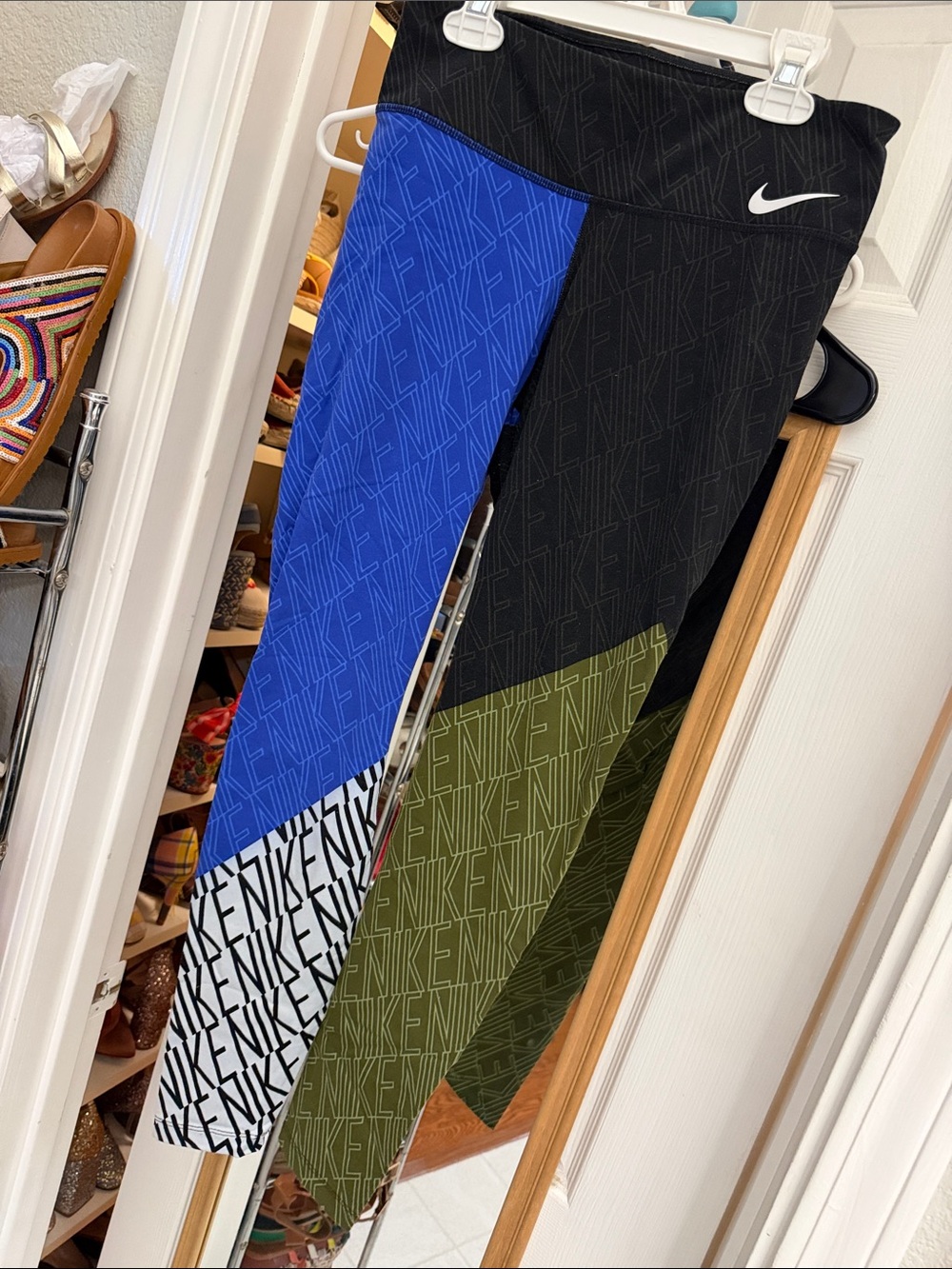 Nike Dri fit Blue, Olive Green & Black Colorblock Leggings with Swoosh